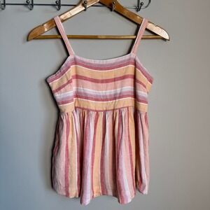 Far West Striped Cami Top Smocked Boho Casual Sleeveless Beach Linen Rayon Blend